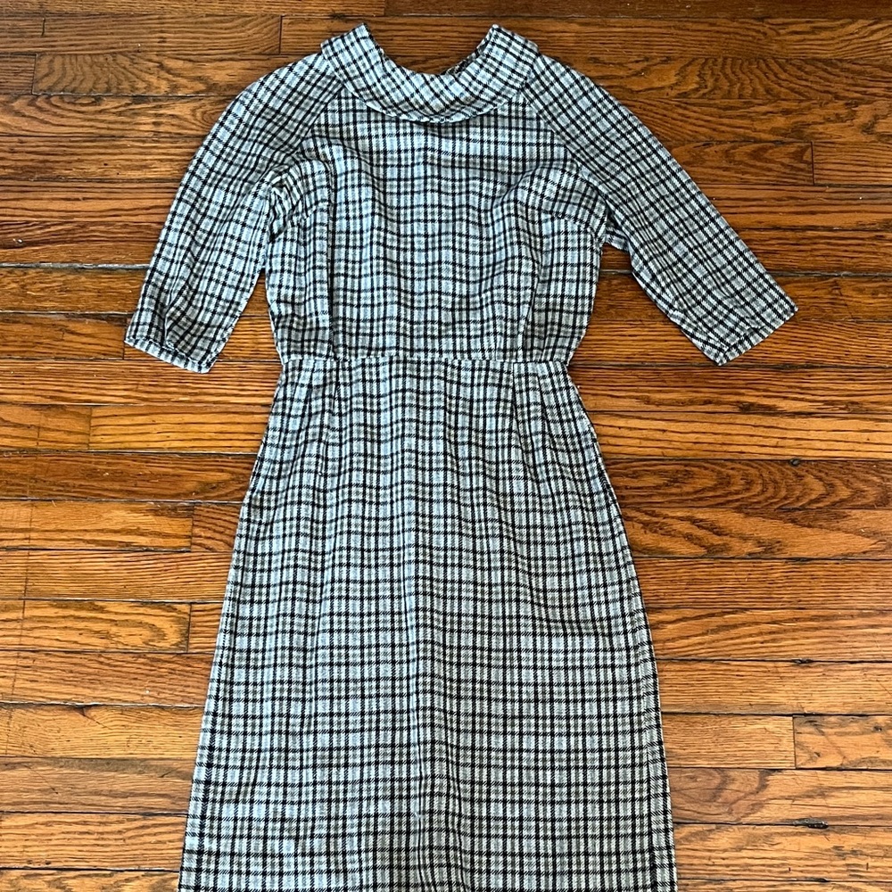 Vintage Green, Blue, and White Plaid Wool Dress